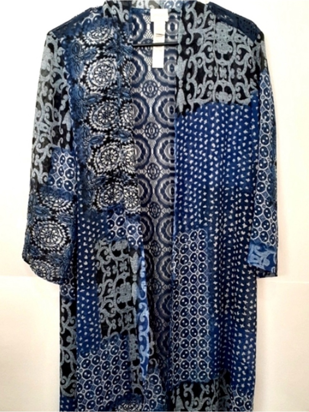 Chico's Blue and Black Assymetrical Patchwork Kimono Size 1 Large